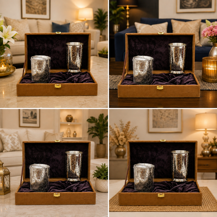 Premium Silver Finish Designer Glass Tumbler Set with Luxury Gift Box – Set of 2
