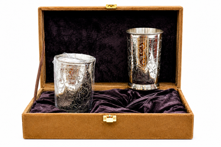 Premium Silver Finish Designer Glass Tumbler Set with Luxury Gift Box – Set of 2