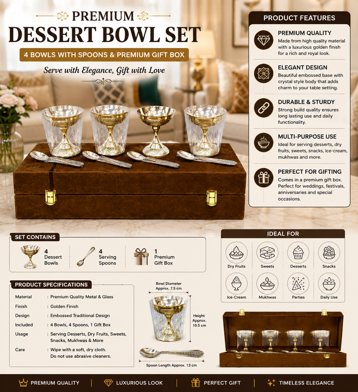 Premium Silver Plated Dessert Bowl & Spoon Set with Luxury Storage Box | Set of 4
