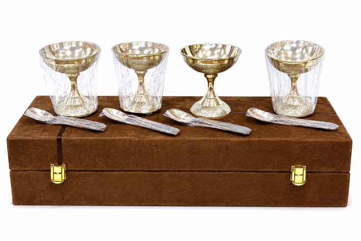 Premium Silver Plated Dessert Bowl & Spoon Set with Luxury Storage Box | Set of 4