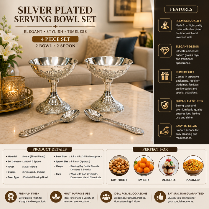 Premium Silver Finish Pedestal Bowl & Spoon Serving Set – Set of 2