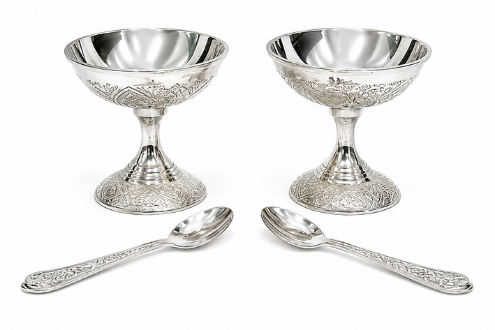 Premium Silver Finish Pedestal Bowl & Spoon Serving Set – Set of 2