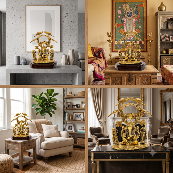 Premium Golden Lord Ganesha Idol with Peacock & Tree Design | Decorative Ganpati Murti for Home & Mandir
