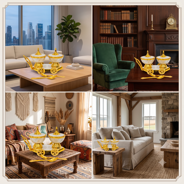 Premium Luxury Gold & Silver Plated Double Bowl Serving Set with Decorative Cart & Spoons