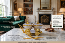 Premium Luxury Gold & Silver Plated Double Bowl Serving Set with Decorative Cart & Spoons
