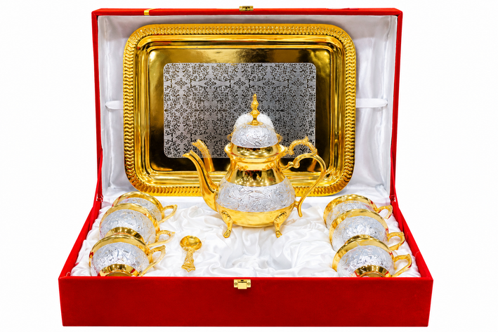Premium Luxury Gold & Silver Plated Tea Set with Serving Tray | Premium Gift Set