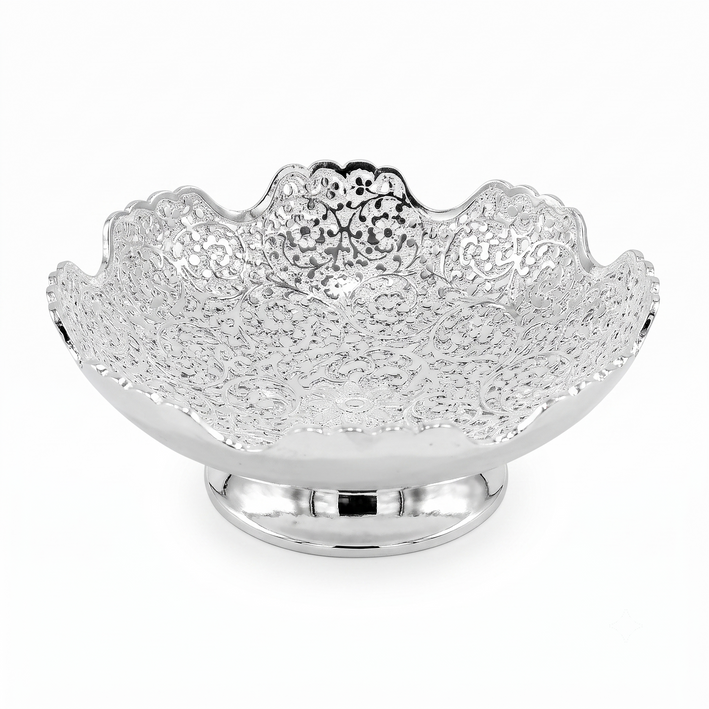 Premium Elegant Silver Plated Decorative Pedestal Bowl with Floral Engraving