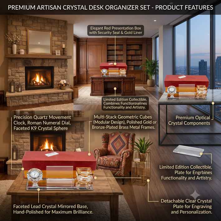 Premium Luxury Crystal Desk Organizer Set with Analog Clock & Pen Stand