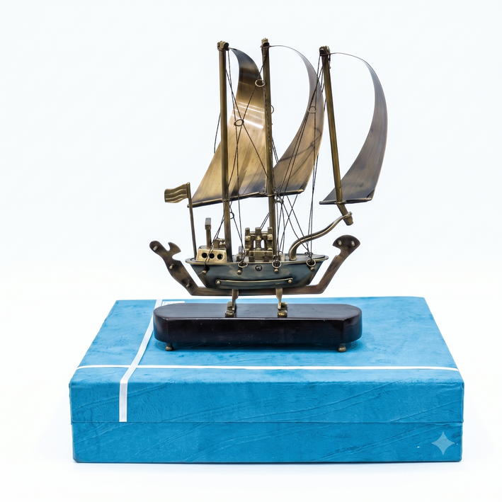 Premium Decorative Sailing Ship Showpiece – Nautical Metal Boat Model with Elegant Wooden Base