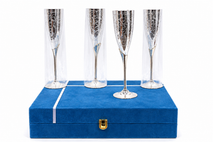 Premium Silver Finish Champagne Flute Glass Set with Floral Design – Luxury Gift Box