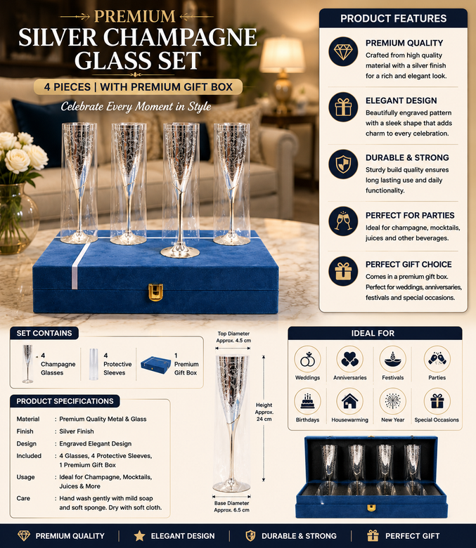 Premium Silver Finish Champagne Flute Glass Set with Floral Design – Luxury Gift Box