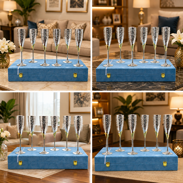Premium Silver Finish Champagne Flute Glass Set with Elegant Floral Design & Luxury Gift Box – Set of 6