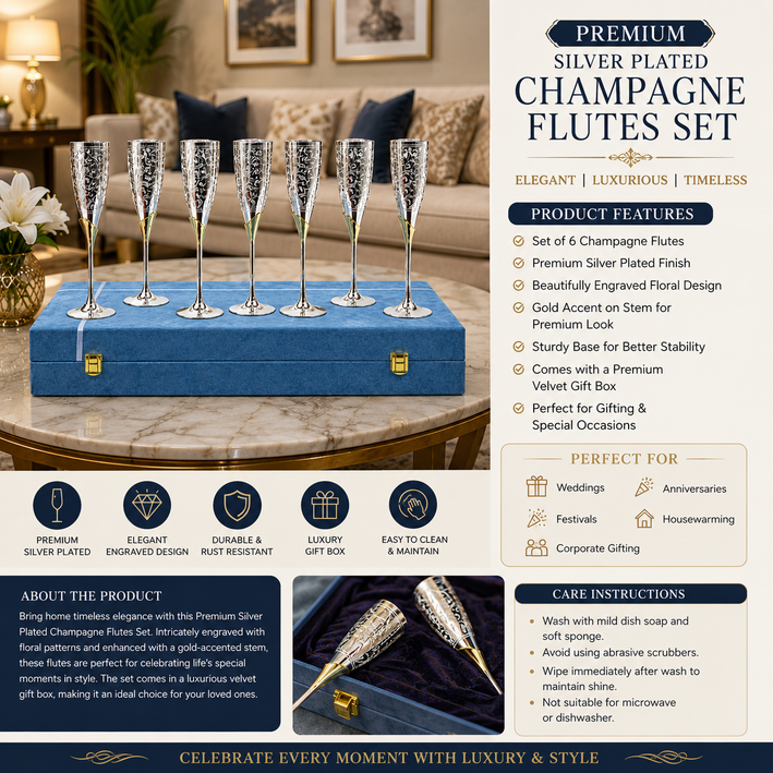 Premium Silver Finish Champagne Flute Glass Set with Elegant Floral Design & Luxury Gift Box – Set of 6