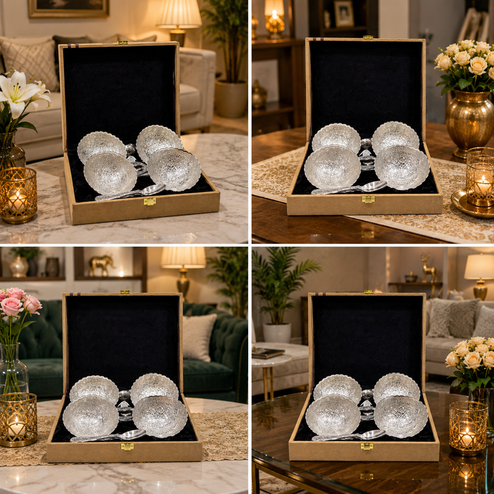 Premium Silver Finish 4 Bowl & Spoon Serving Gift Set with Luxury Box