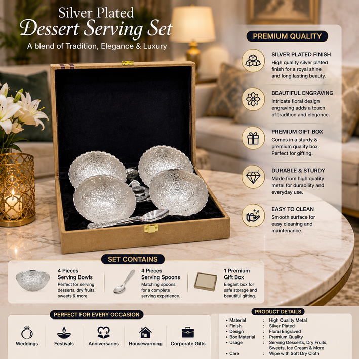 Premium Silver Finish 4 Bowl & Spoon Serving Gift Set with Luxury Box
