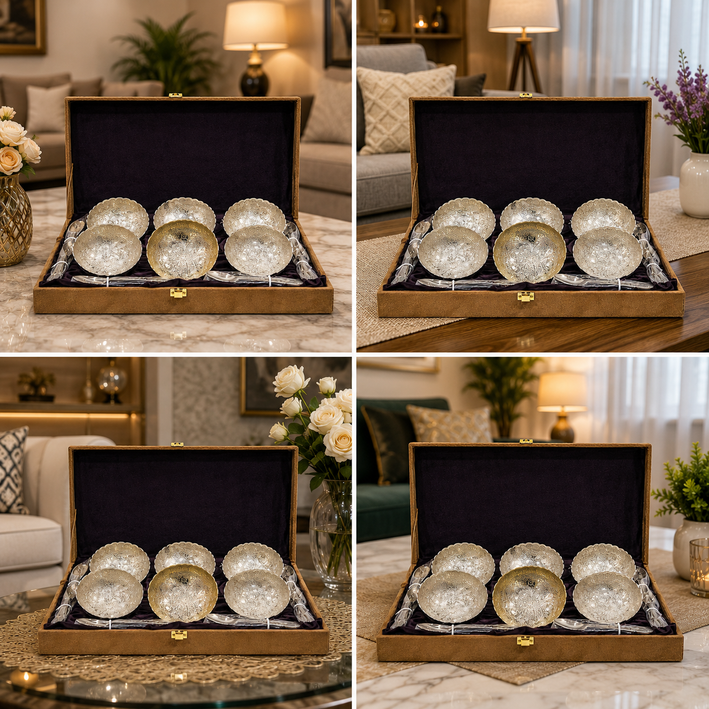 Premium Decorative Dry Fruit & Serving Bowl Set with Spoons and Luxury Gift Box