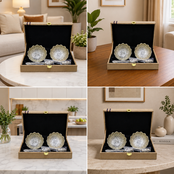 Premium Silver Finish Decorative Bowl & Spoon Gift Set with Luxury Box