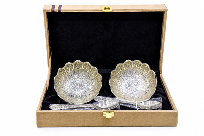 Premium Silver Finish Decorative Bowl & Spoon Gift Set with Luxury Box