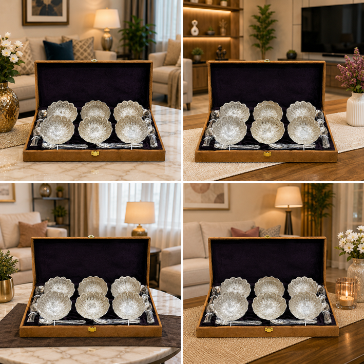 Premium Decorative Silver Finish Serving Bowl & Spoon Set with Wooden Gift Box