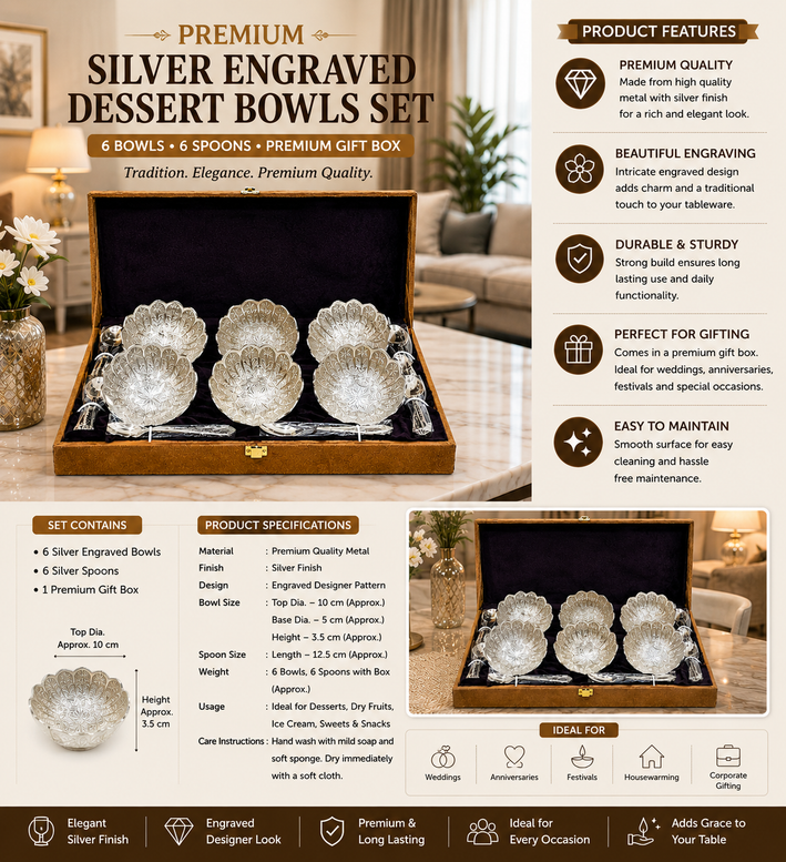 Premium Decorative Silver Finish Serving Bowl & Spoon Set with Wooden Gift Box