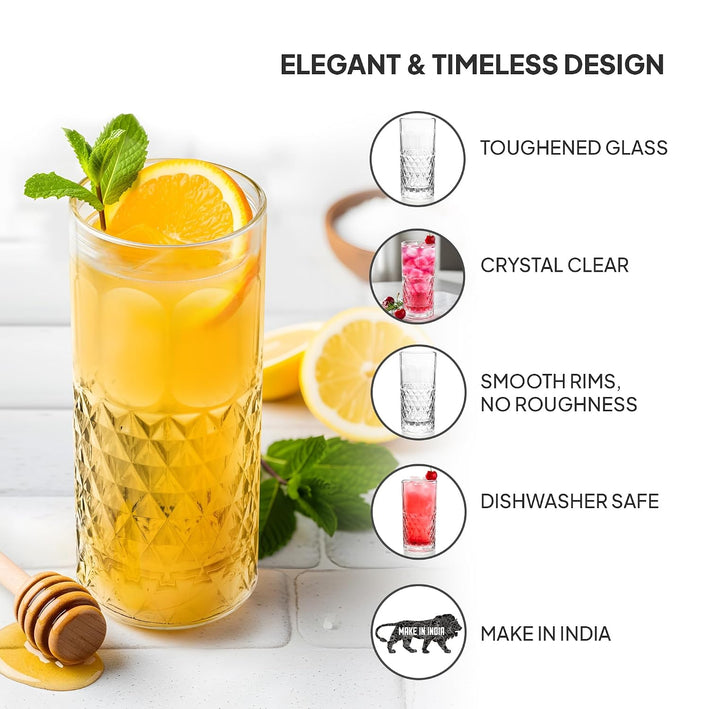 CELLO Unity Hi-Ball Drinking Glasses Set of 6 | 275ml Crystal Clear Toughened Glass | Lead-Free, Dishwasher, Freezer & Fridge Safe | For Water, Juice, Milk, Mocktails & Cold Drinks