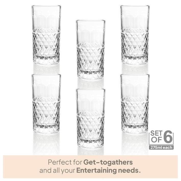 CELLO Unity Hi-Ball Drinking Glasses Set of 6 | 275ml Crystal Clear Toughened Glass | Lead-Free, Dishwasher, Freezer & Fridge Safe | For Water, Juice, Milk, Mocktails & Cold Drinks