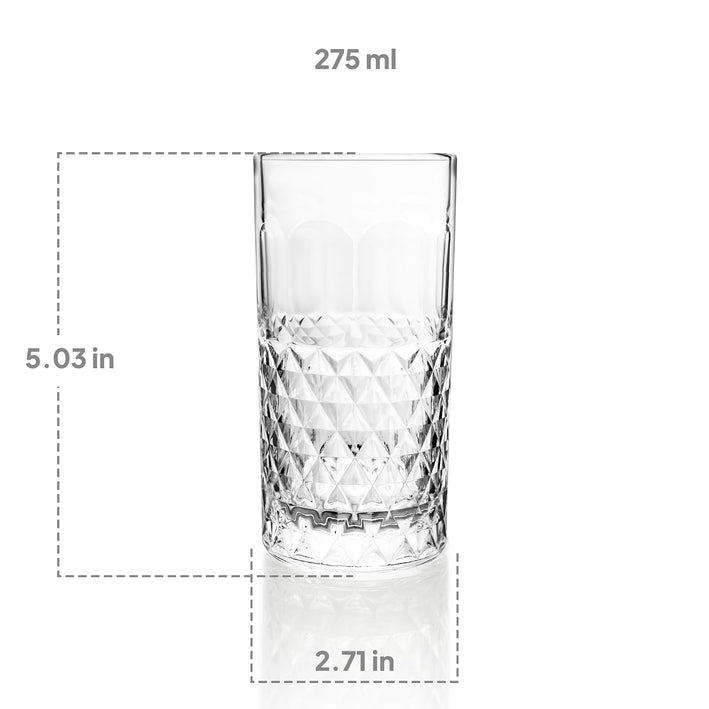 CELLO Unity Hi-Ball Drinking Glasses Set of 6 | 275ml Crystal Clear Toughened Glass | Lead-Free, Dishwasher, Freezer & Fridge Safe | For Water, Juice, Milk, Mocktails & Cold Drinks