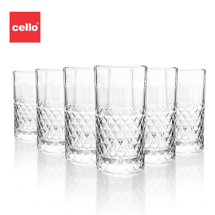 CELLO Unity Hi-Ball Drinking Glasses Set of 6 | 275ml Crystal Clear Toughened Glass | Lead-Free, Dishwasher, Freezer & Fridge Safe | For Water, Juice, Milk, Mocktails & Cold Drinks