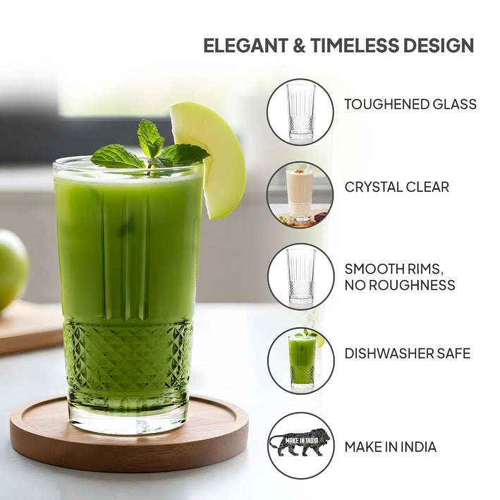 CELLO Brilliant Hi-Ball Drinking Glasses Set of 6 | 275ml Crystal Clear Toughened Glass Tumblers | Lead-Free, Dishwasher, Fridge & Freezer Safe | For Water, Juice, Milk, Soda, Cocktails & Mocktails