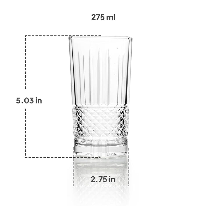 CELLO Brilliant Hi-Ball Drinking Glasses Set of 6 | 275ml Crystal Clear Toughened Glass Tumblers | Lead-Free, Dishwasher, Fridge & Freezer Safe | For Water, Juice, Milk, Soda, Cocktails & Mocktails