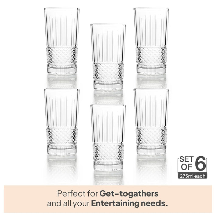 CELLO Brilliant Hi-Ball Drinking Glasses Set of 6 | 275ml Crystal Clear Toughened Glass Tumblers | Lead-Free, Dishwasher, Fridge & Freezer Safe | For Water, Juice, Milk, Soda, Cocktails & Mocktails