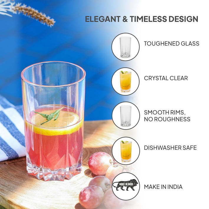 CELLO Estonia Glass Tumbler Set of 6 | 310ml Crystal Clear Drinking Glasses | Elegant Beverage Tumblers for Water, Juice, Mocktails & Soft Drinks