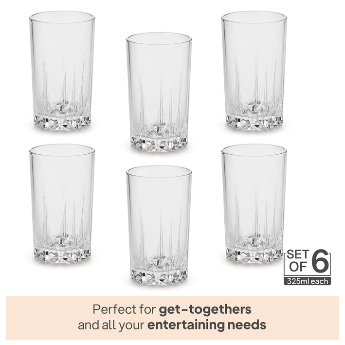 CELLO Estonia Glass Tumbler Set of 6 | 310ml Crystal Clear Drinking Glasses | Elegant Beverage Tumblers for Water, Juice, Mocktails & Soft Drinks