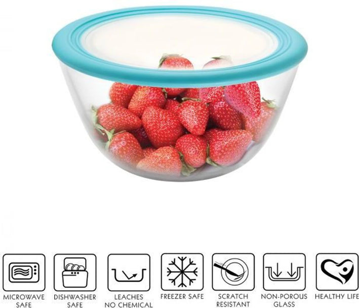 Cello Ornella Borosilicate Glass Mixing Bowl 1000ml with Premium Lid | Toughened Clear Glass Bowl for Kitchen, Baking & Food Storage