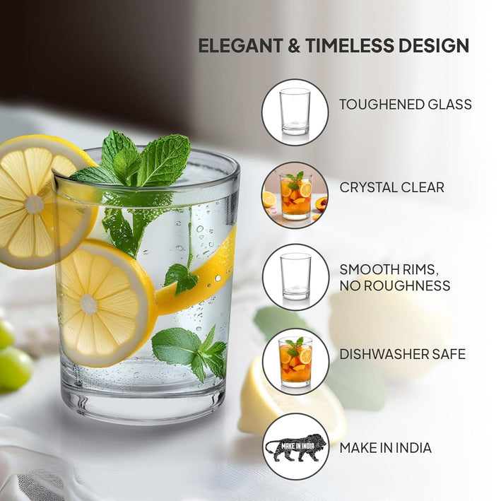 CELLO Liberty Glass Set of 6 | 210ml Crystal Clear Toughened Drinking Glasses | Lead-Free, Dishwasher, Fridge & Freezer Safe | Water, Juice, Milk, Soda, Cocktail & Mocktail Glasses