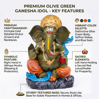 Anupam Premium Lord Ganesha Decorative Idol | Green, Gold & Orange Finish Ganpati Showpiece for Home & Office