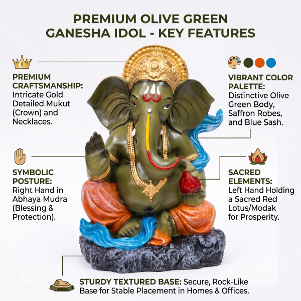 Anupam Premium Lord Ganesha Decorative Idol | Green, Gold & Orange Finish Ganpati Showpiece for Home & Office