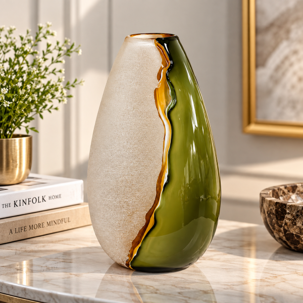 Anupam Premium Olive Green & Frosted Beige Glass Vase | Modern Artistic Decorative Flower Vase