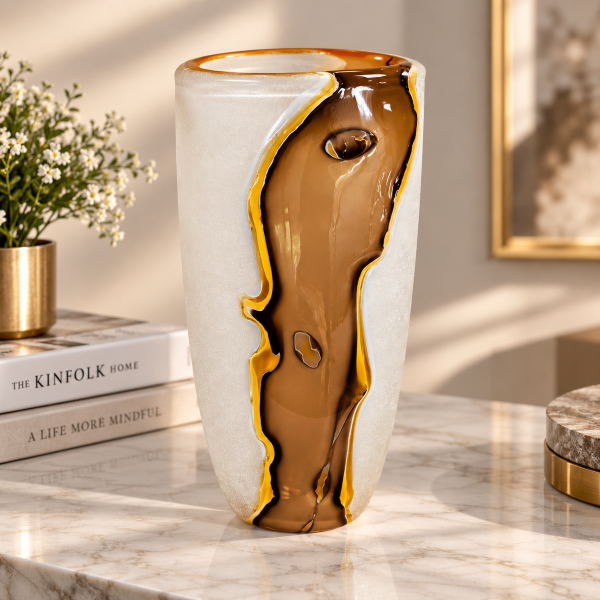 Anupam Premium Amber Brown & Frosted Glass Vase | Artistic Modern Decorative Flower Vase
