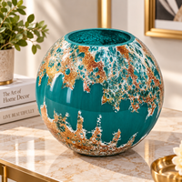 Anupam Premium Teal Green & Gold Round Decorative Vase | Artistic Modern Tabletop Flower Vase for Home Decor