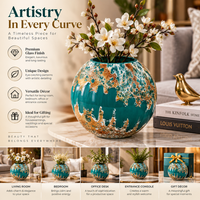 Anupam Premium Teal Green & Gold Round Decorative Vase | Artistic Modern Tabletop Flower Vase for Home Decor