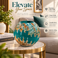 Anupam Premium Teal Green & Gold Round Decorative Vase | Artistic Modern Tabletop Flower Vase for Home Decor