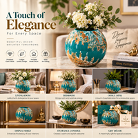 Anupam Premium Teal Green & Gold Round Decorative Vase | Artistic Modern Tabletop Flower Vase for Home Decor