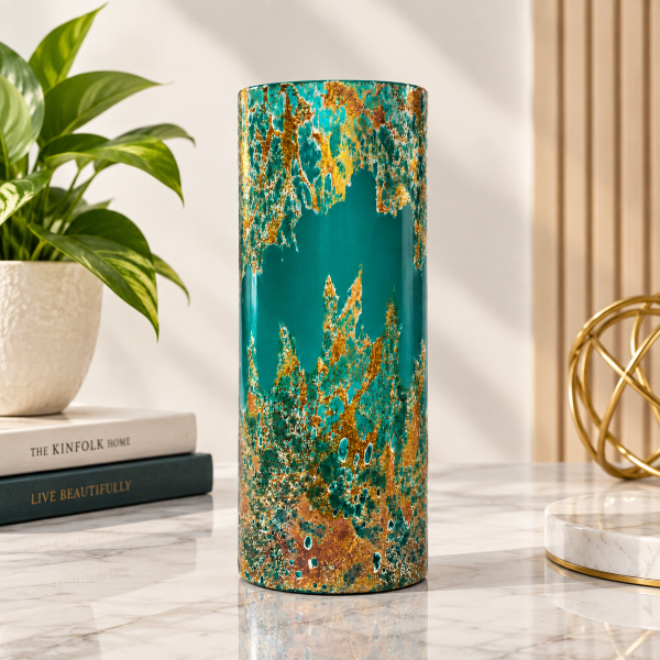 Anupam Premium Teal Green & Gold Cylindrical Decorative Vase | Premium Modern Tabletop Home Decor