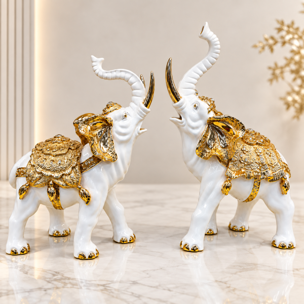 Anupam Premium Royal White & Gold Elephant Decorative Showpiece Set of 2 | Premium Home Décor Figurines