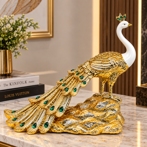 Anupam Premium Luxury Golden Peacock Decorative Showpiece | White & Gold Premium Home Decor Figurine