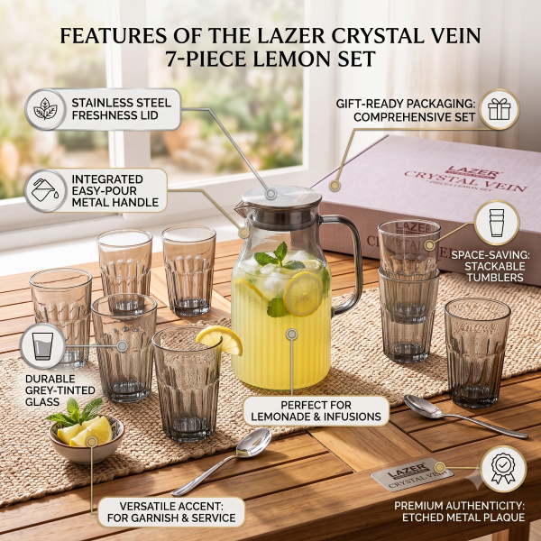 Anupam Crystal Vein 7-Piece Glass Lemon Set with Jug & 6 Glasses | Premium Drinkware Set