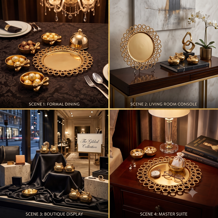 Anupam Premium Golden Dry Fruit Serving Set with Decorative Round Tray & 3 Lidded Containers | Festive & Gift Set