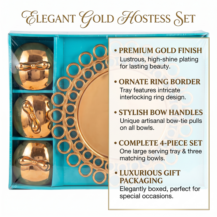 Anupam Premium Golden Dry Fruit Serving Set with Decorative Round Tray & 3 Lidded Containers | Festive & Gift Set