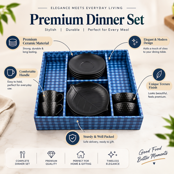 Anupam Premium Black 12-Piece Tea & Snack Serving Set with Cups, Saucers & Leaf-Shaped Plates | Elegant Tableware Set